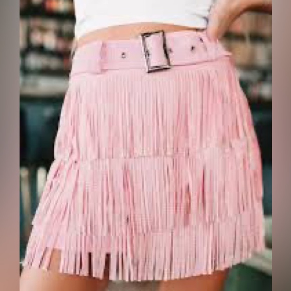 Pink Belted Rhinestone Fringe Skort